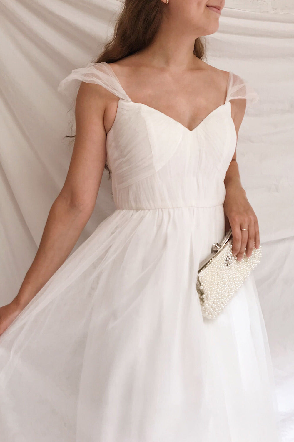 Odette White Midi Tulle Dress | Boudoir 1861 model close up