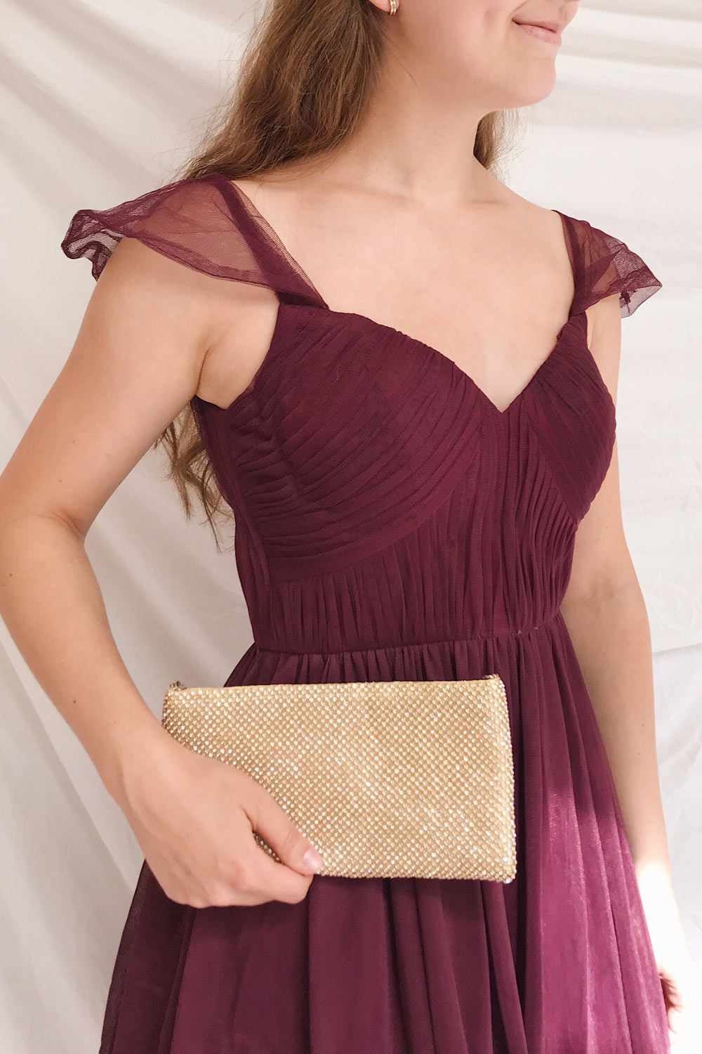 Odette Wine Burgundy Midi Tulle Dress | Boutique 1861 model close up