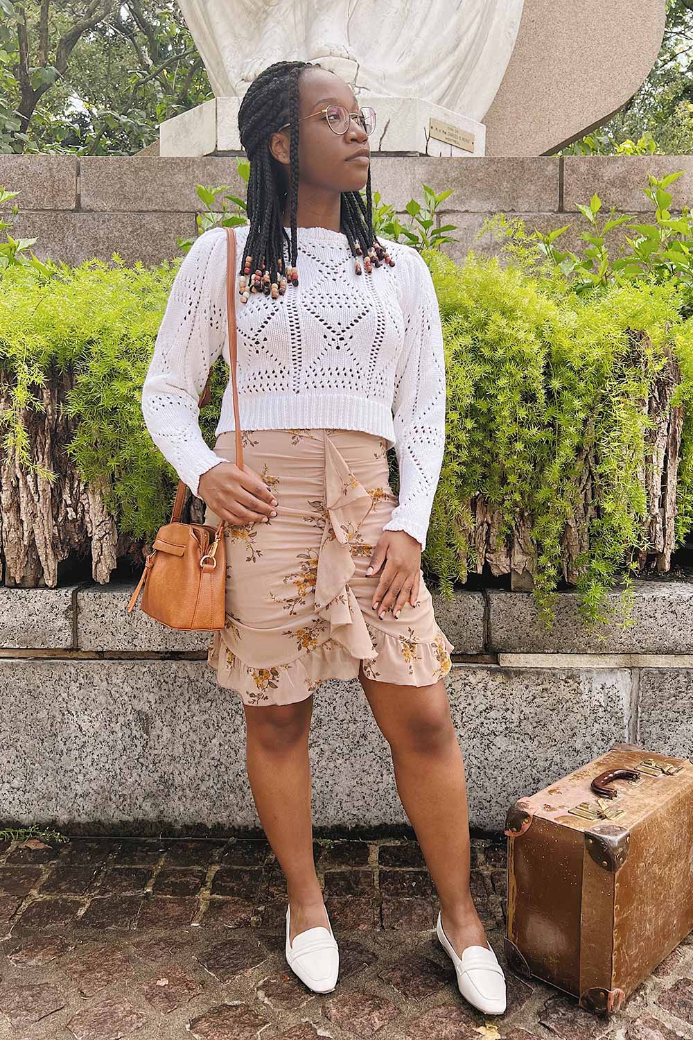 Embla Short Floral Ruched Skirt w/ Ruffles | Boutique 1861 on model