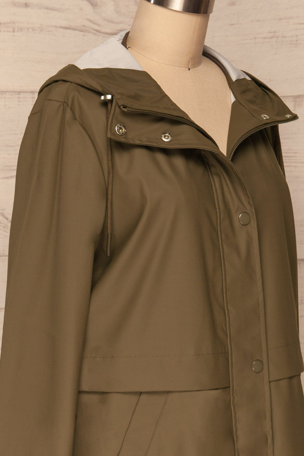 Oldham Khaki Matte Raincoat | La Petite Garçonne side close up