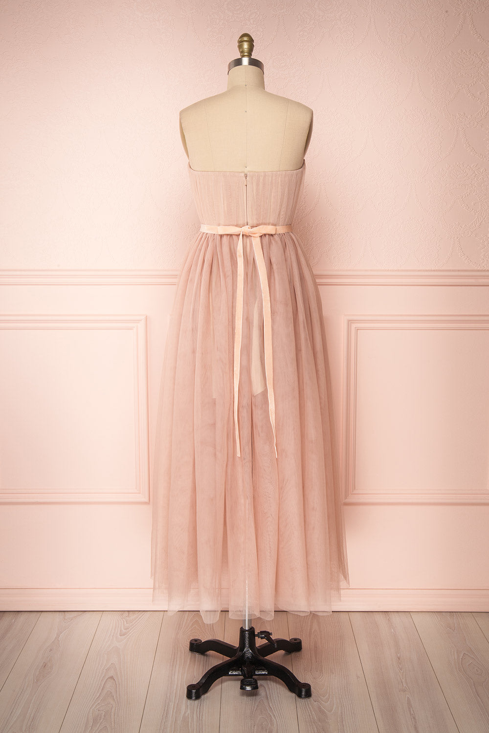 Ombeline Blush Pink Tulle Midi Bustier Dress | Boutique 1861 back view