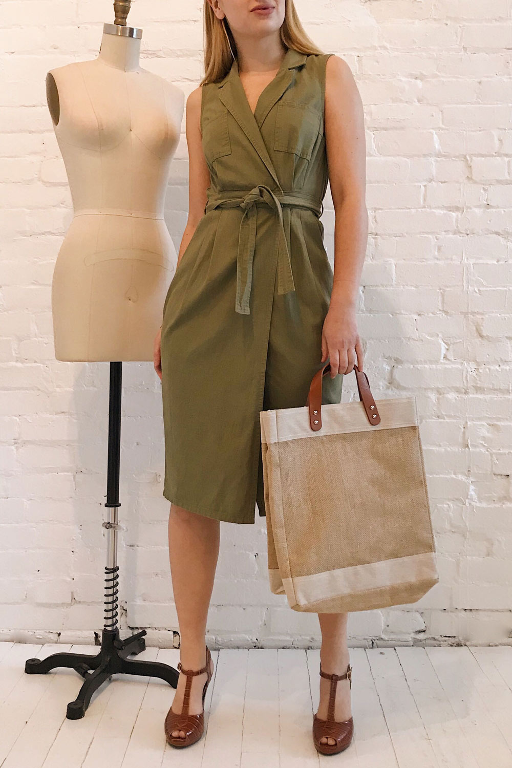 Orellana Khaki Midi Wrap Dress | La petite garçonne model look