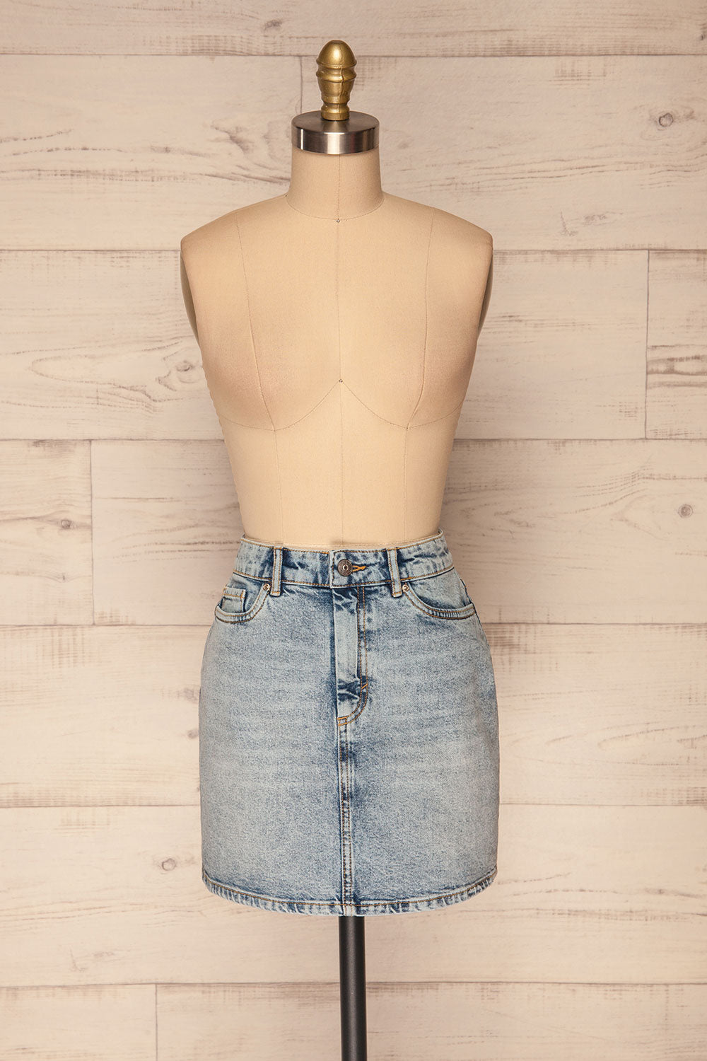 Orzysz Washed light Blue Denim Mini Skirt | La petite garçonne front view