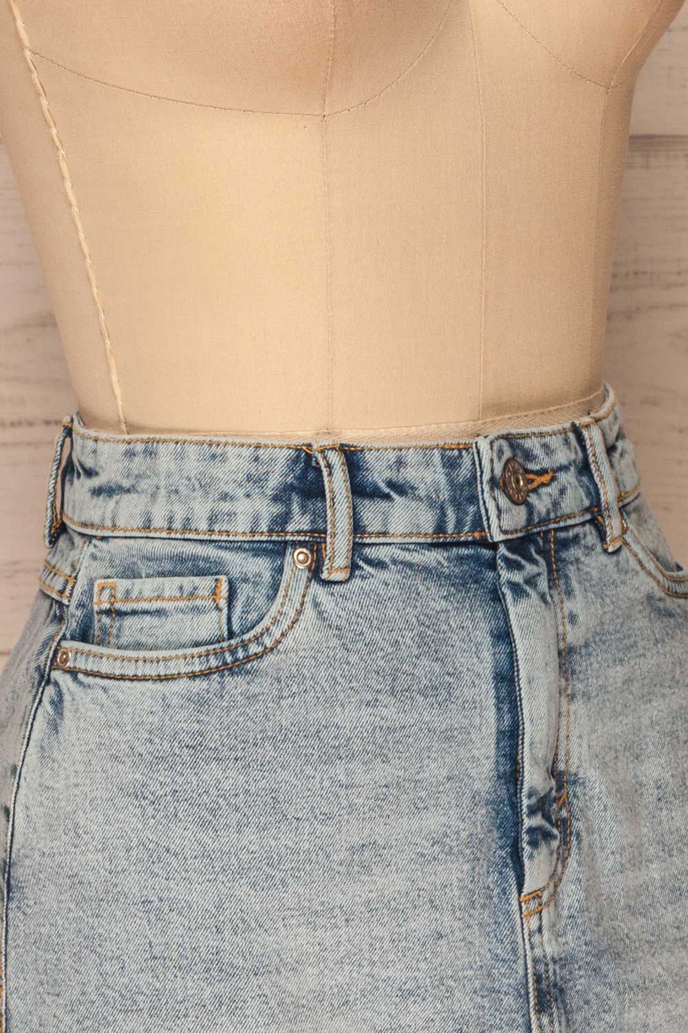 Orzysz Washed light Blue Denim Mini Skirt | La petite garçonne side close-up