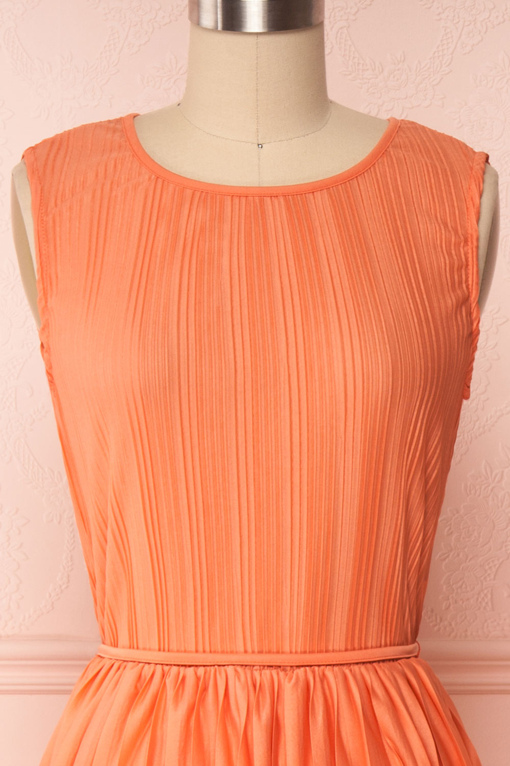 Ostra Petal Coral Pleated Midi Dress | Boutique 1861 front close up