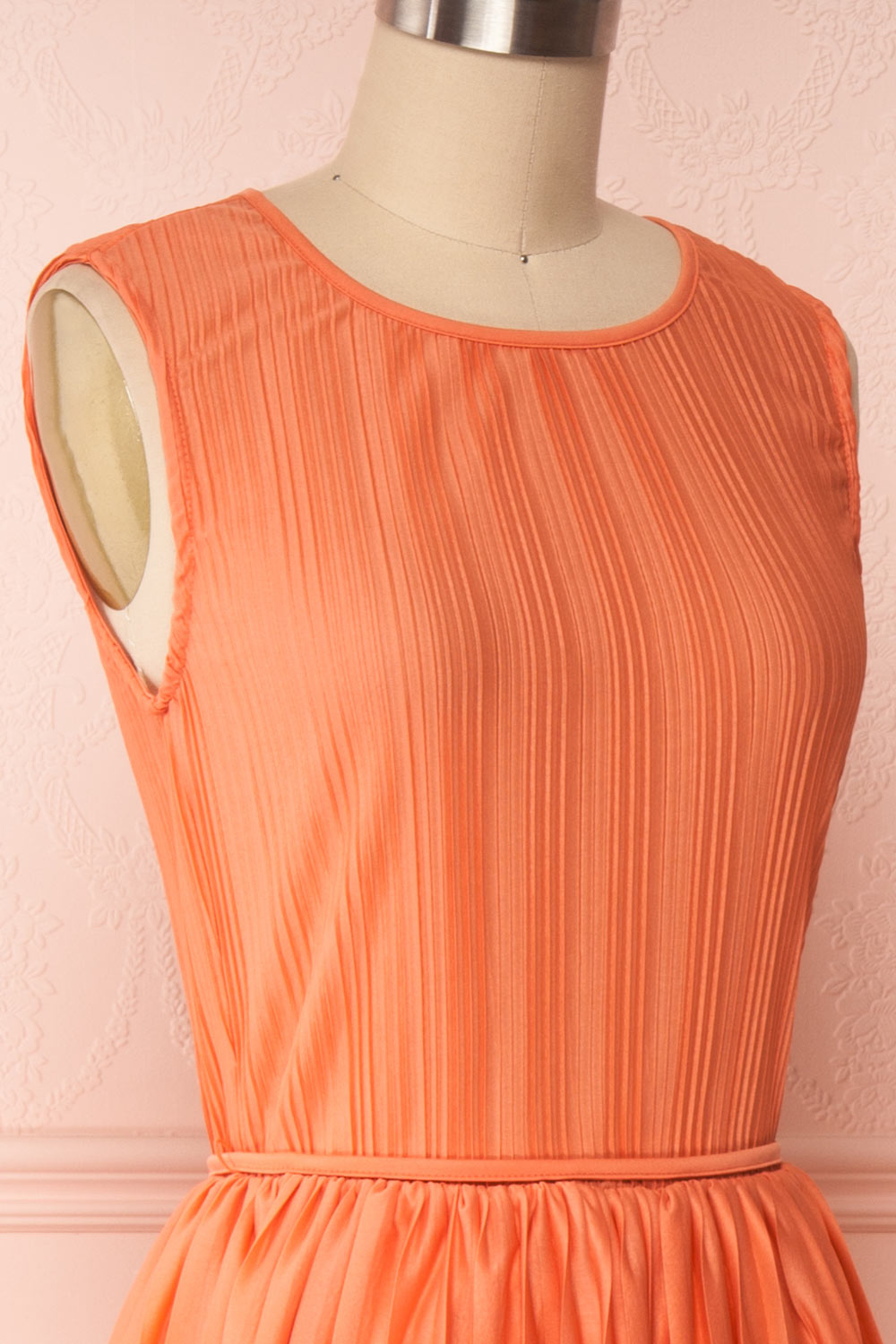 Ostra Petal Coral Pleated Midi Dress | Boutique 1861 side close up