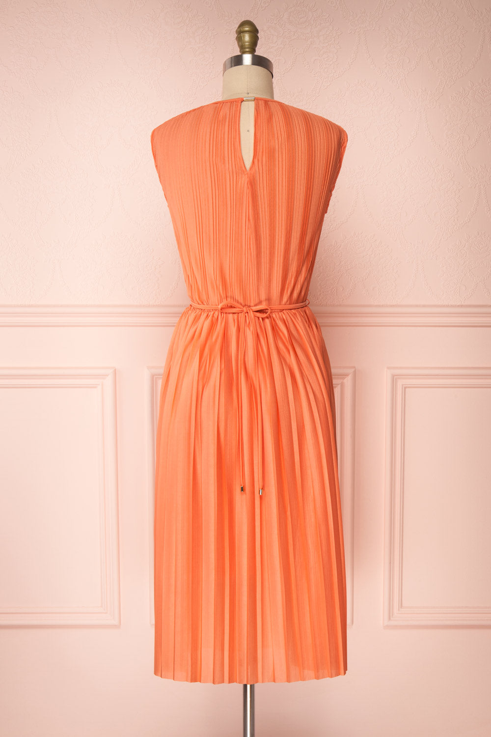 Ostra Petal Coral Pleated Midi Dress | Boutique 1861 back view
