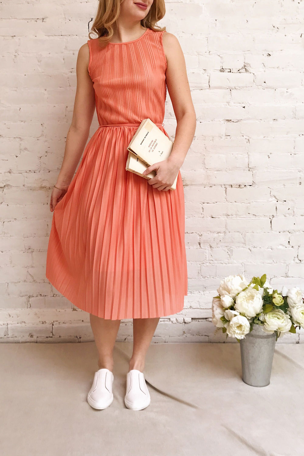 Ostra Petal Coral Pleated Midi Dress | Boutique 1861 model look