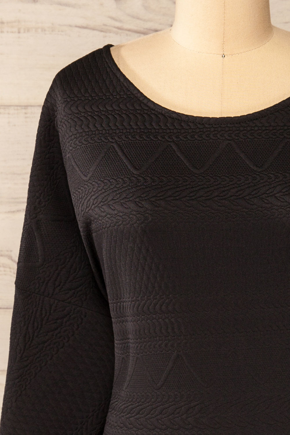 Oufa Black Long Sleeve Textured Dress | La petite garçonne front close-up