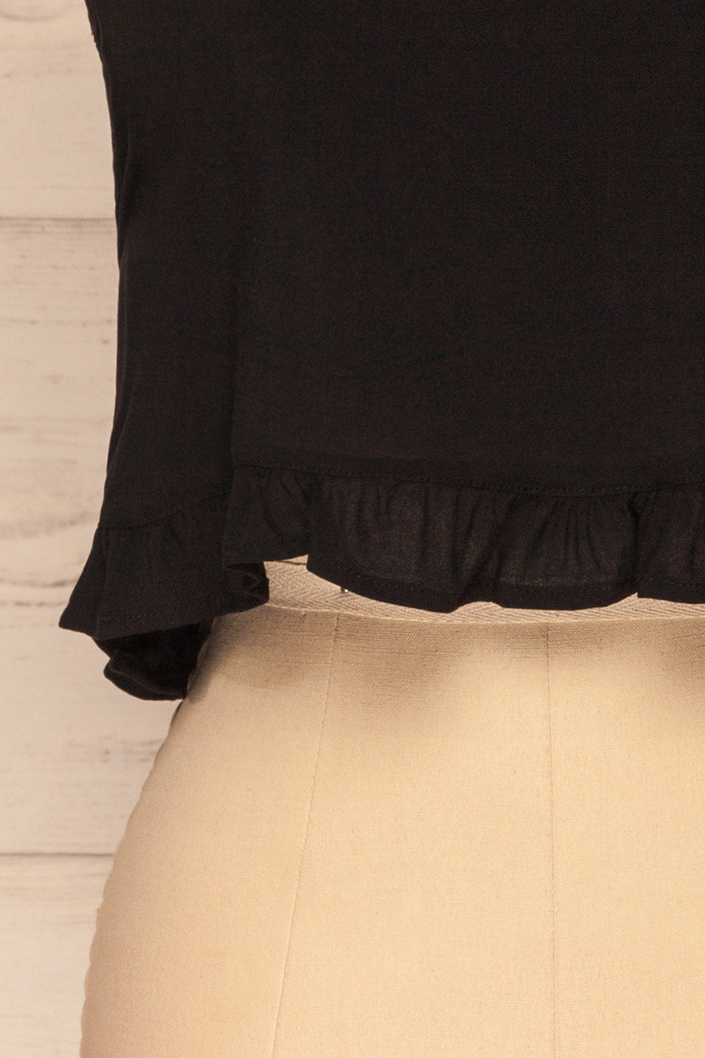 Pabianice Black Cropped Cami w/ Frills | La petite garçonne bottom close-up