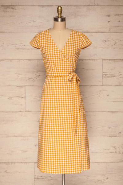 Pampelune Yellow & White Midi Wrap Dress | La petite garçonne front view