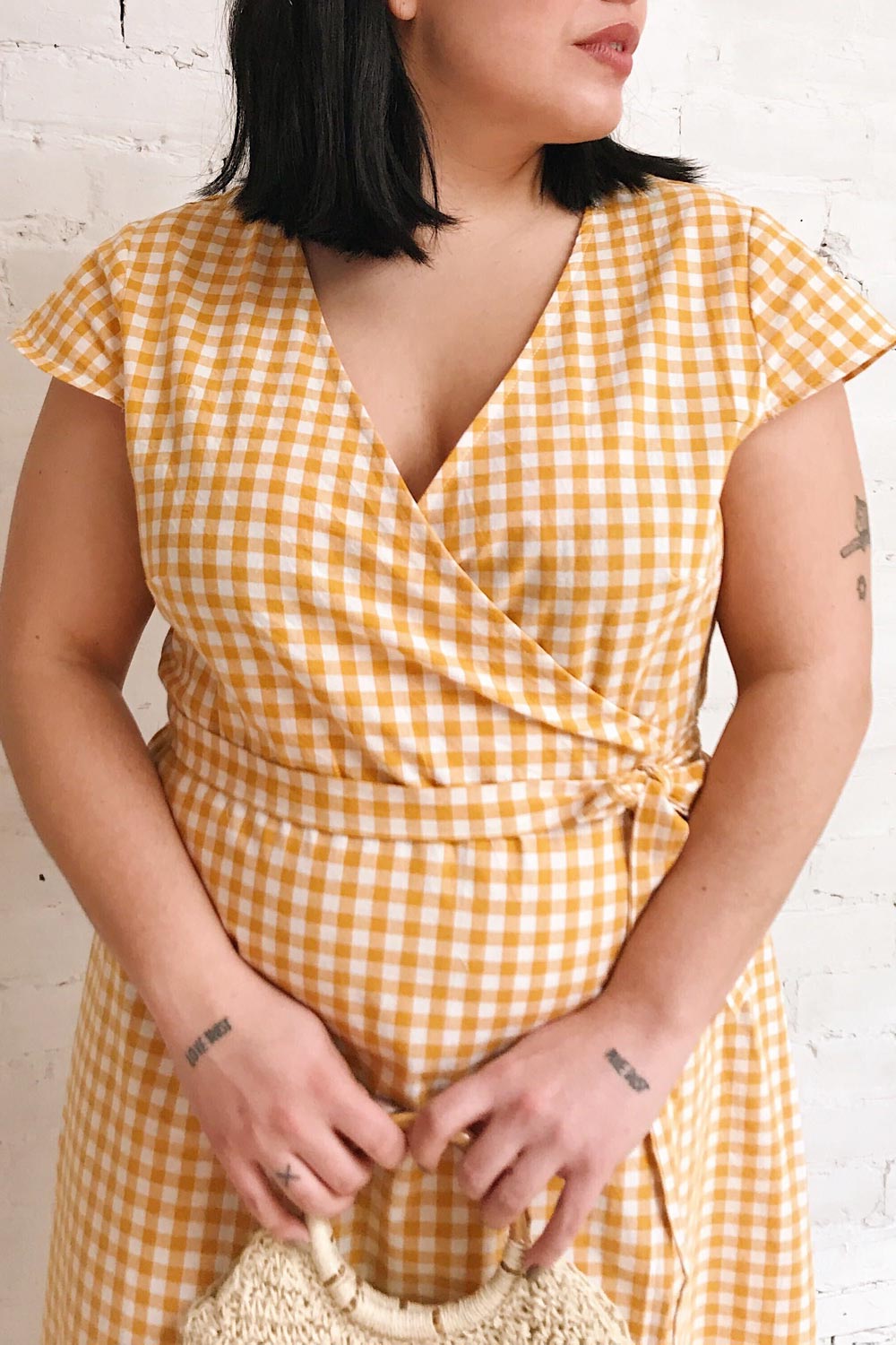 Pampelune Yellow & White Midi Wrap Dress | La petite garçonne on model