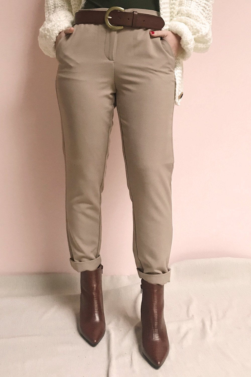 Falstad Taupe Fitted Pants | La Petite Garçonne on model