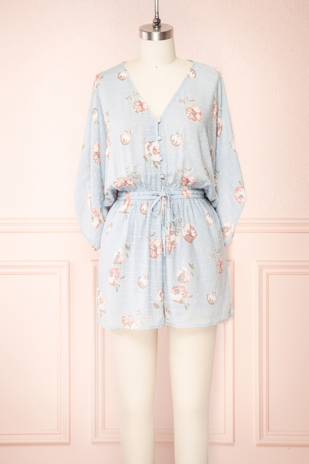 Parsa Blue V-Neck Plumetis Floral Romper | La petite garçonne front view
