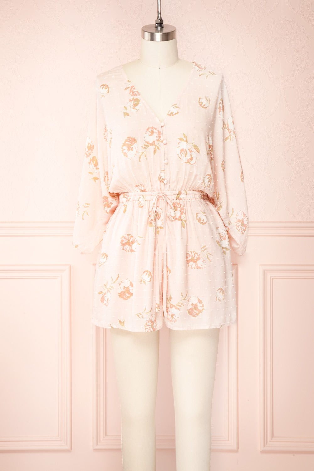 Parsa Blush V-Neck Plumetis Floral Romper | La petite garçonne front view