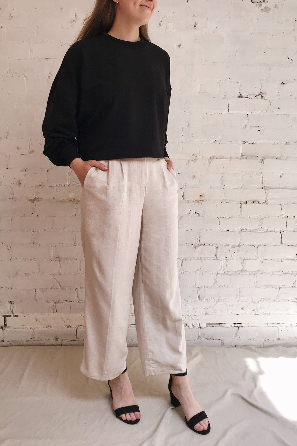 Corato Beige High Waist Wide Leg Pants | La petite garçonne on model