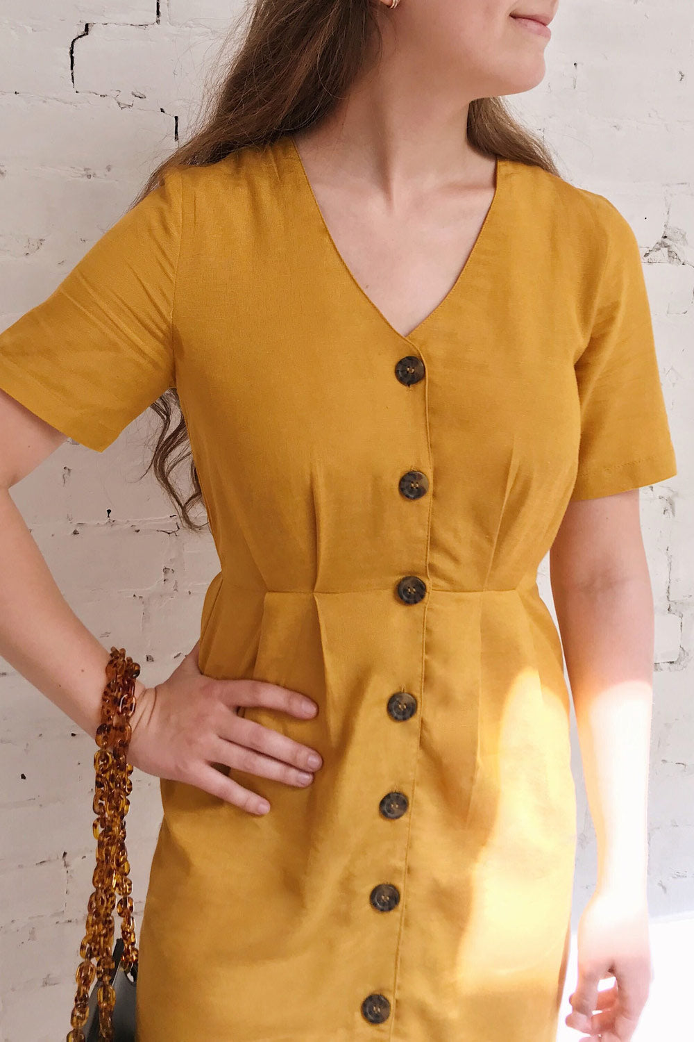 Penza Yellow Short Sleeve Dress | La petite garçonne on model