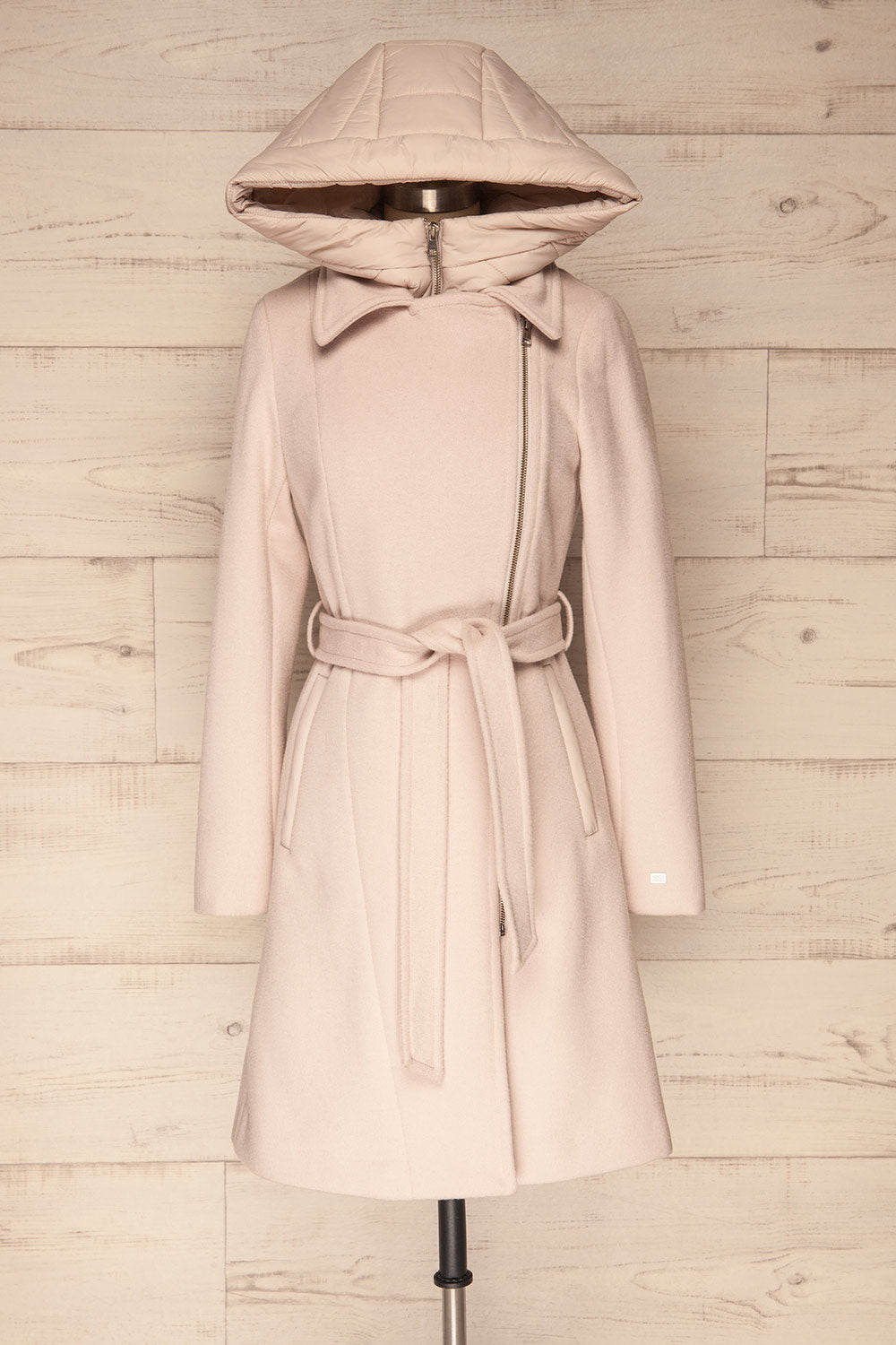 Perla Beige Pink Hooded Felt Trench Coat | La Petite Garçonne front view hood