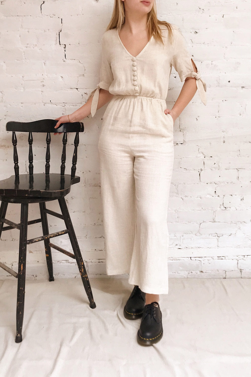 Pescara Beige Linen Jumpsuit | La petite garçonne model look