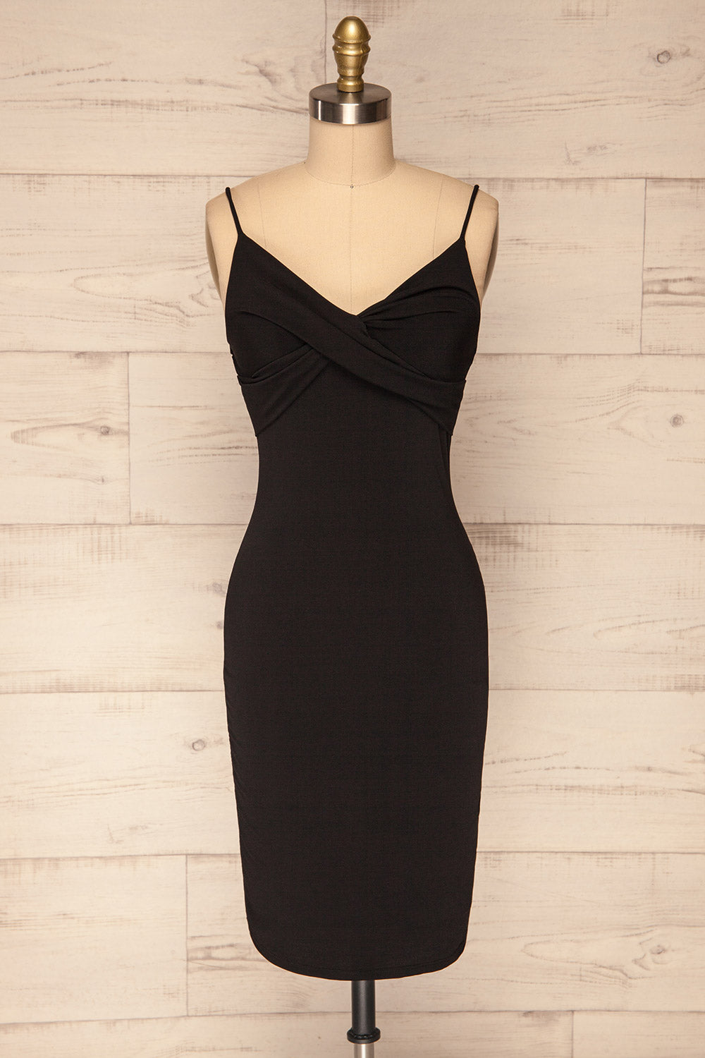 Phoebe Black Short Fitted Dress w/ V-Neck | La Petite Garçonne front view