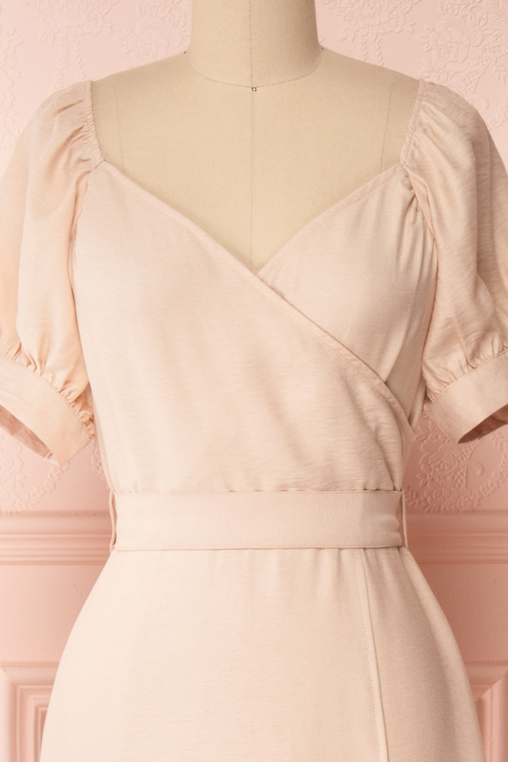 Piastow Sand Beige Short Sleeve Midi Dress | Boutique 1861 front close-up