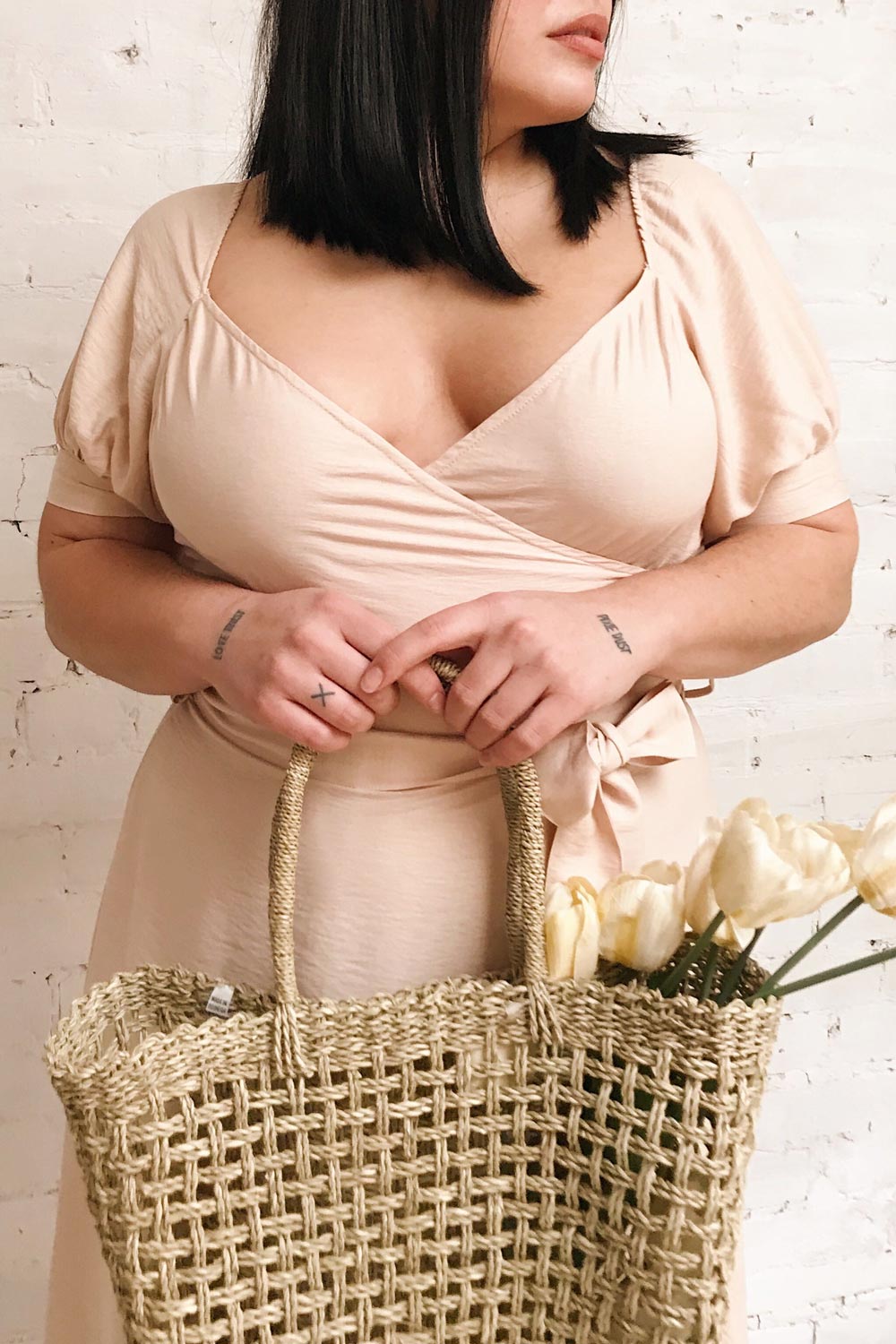 Piastow Sand Beige Short Sleeve Midi Dress | Boutique 1861 on model