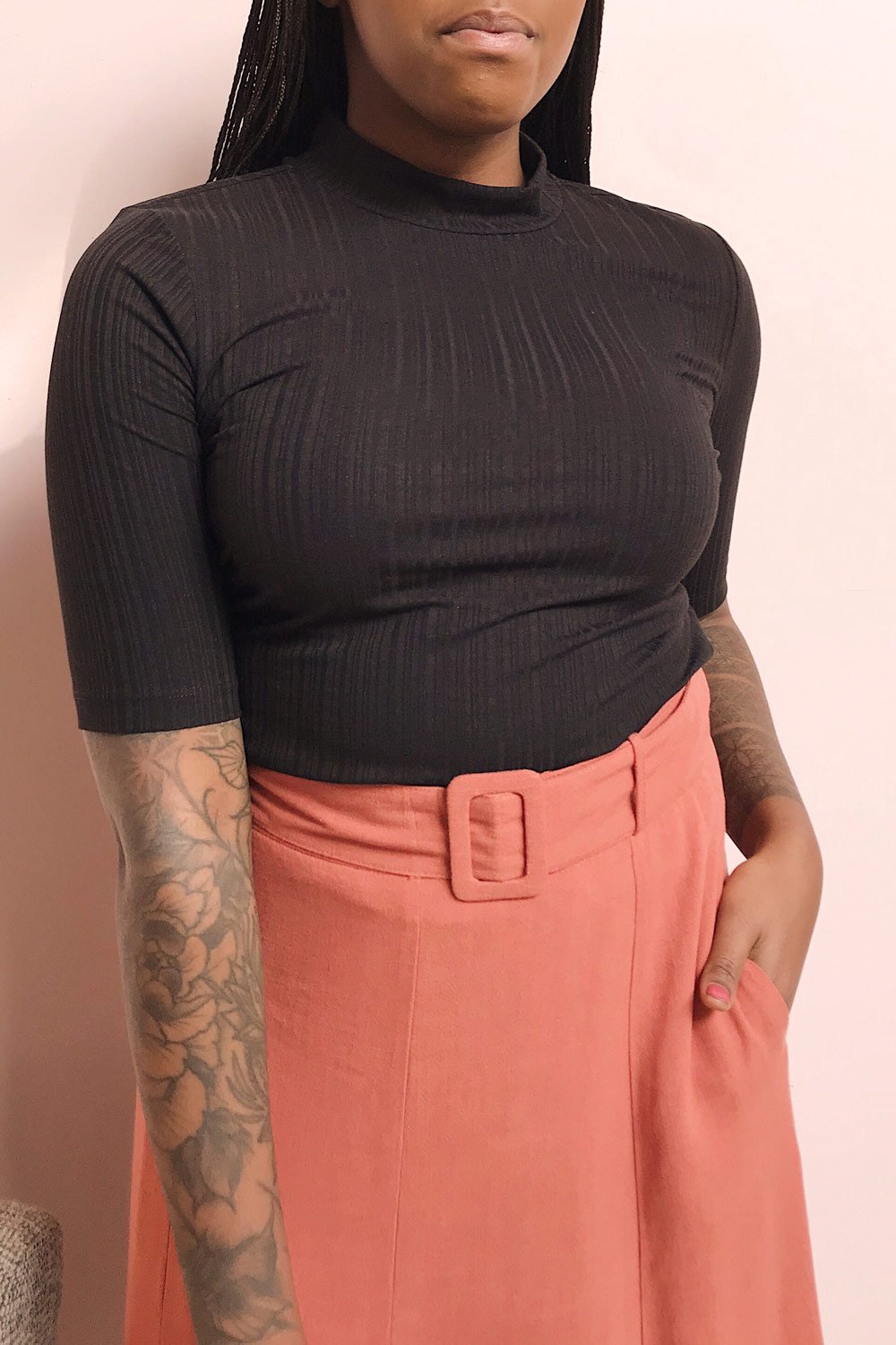 Pieszyce Black Mock Neck Top | La petite garçonne model close up