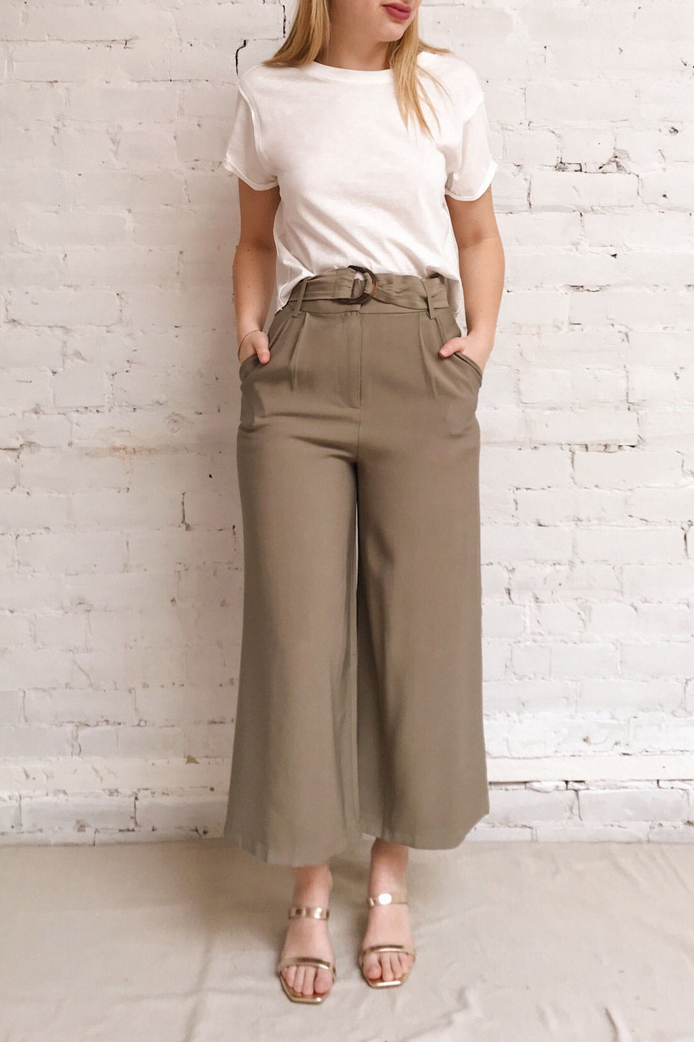 Calderon Khaki High Waist Wide Leg Pants | La petite garçonne model look