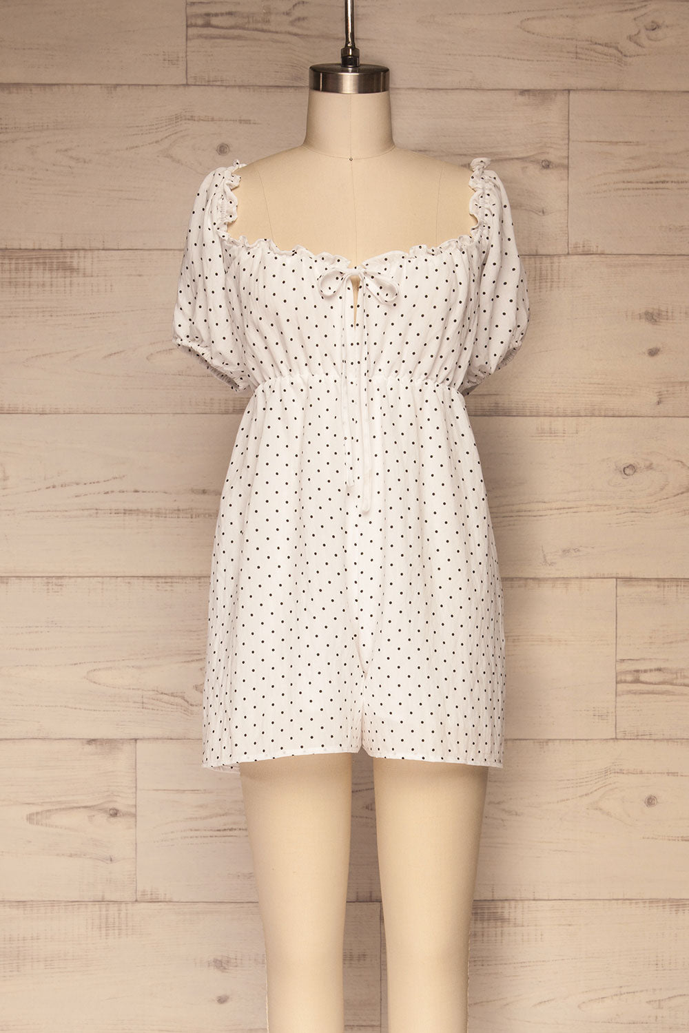 Rabka White Polka Dot Short Sleeve Romper | La petite garçonne front view