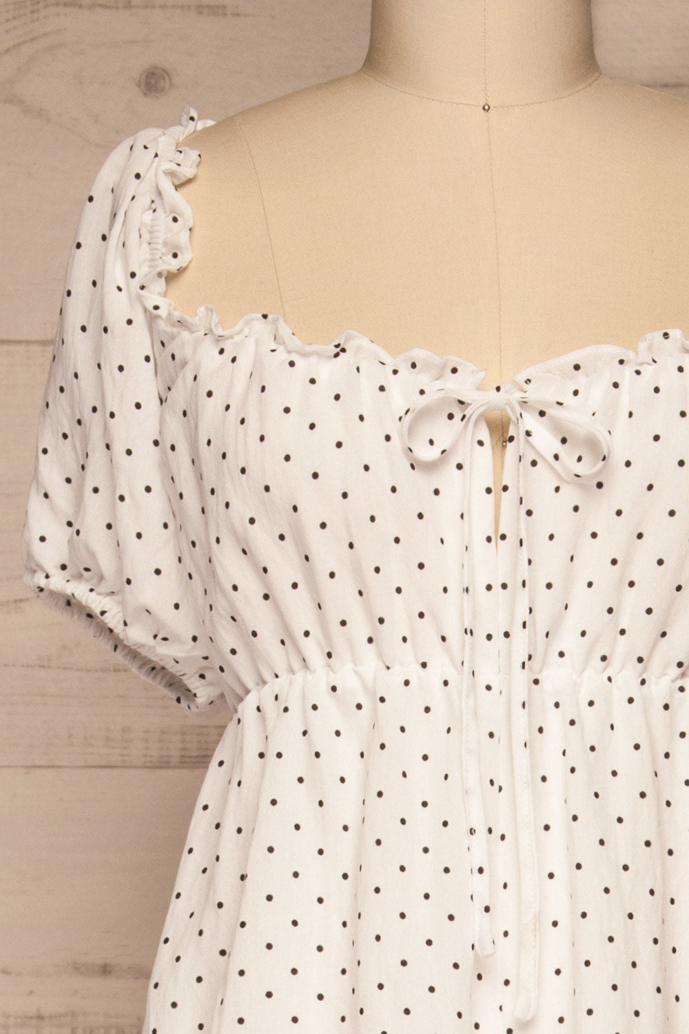 Rabka White Polka Dot Short Sleeve Romper | La petite garçonne front close-up