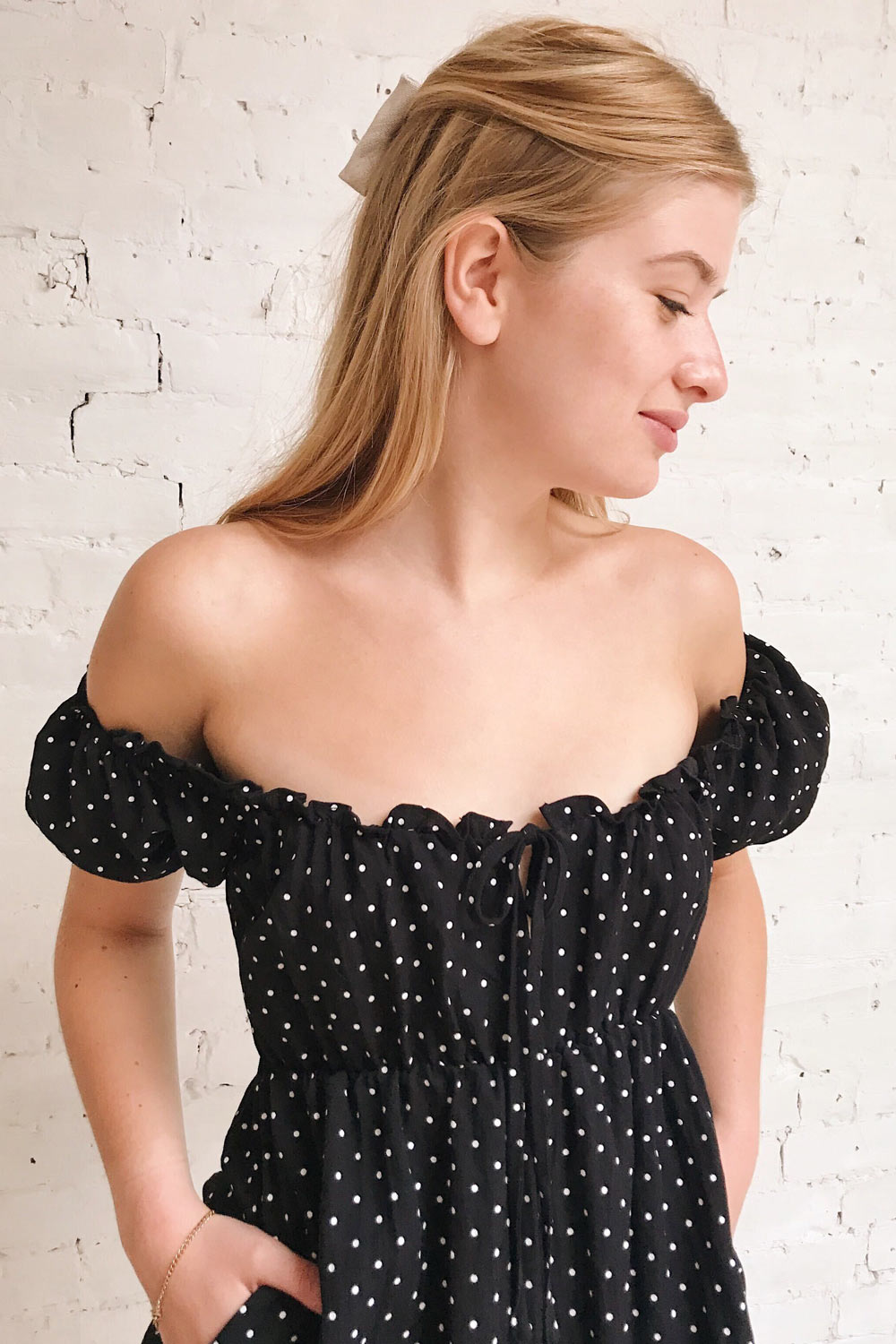Rabka Black Polka Dot Short Sleeve Romper | La petite garçonne model close up