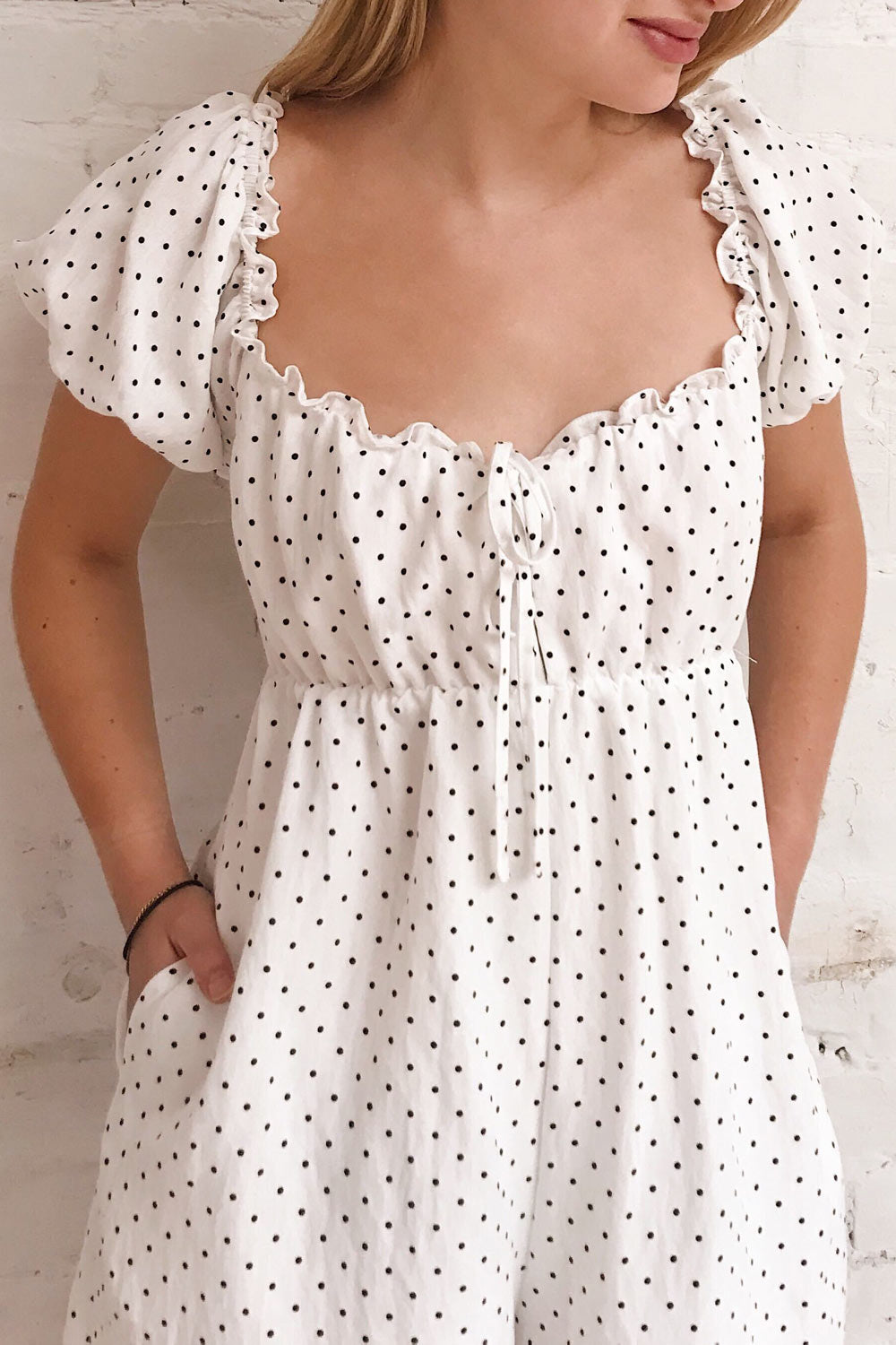 Rabka White Polka Dot Short Sleeve Romper | La petite garçonne on model