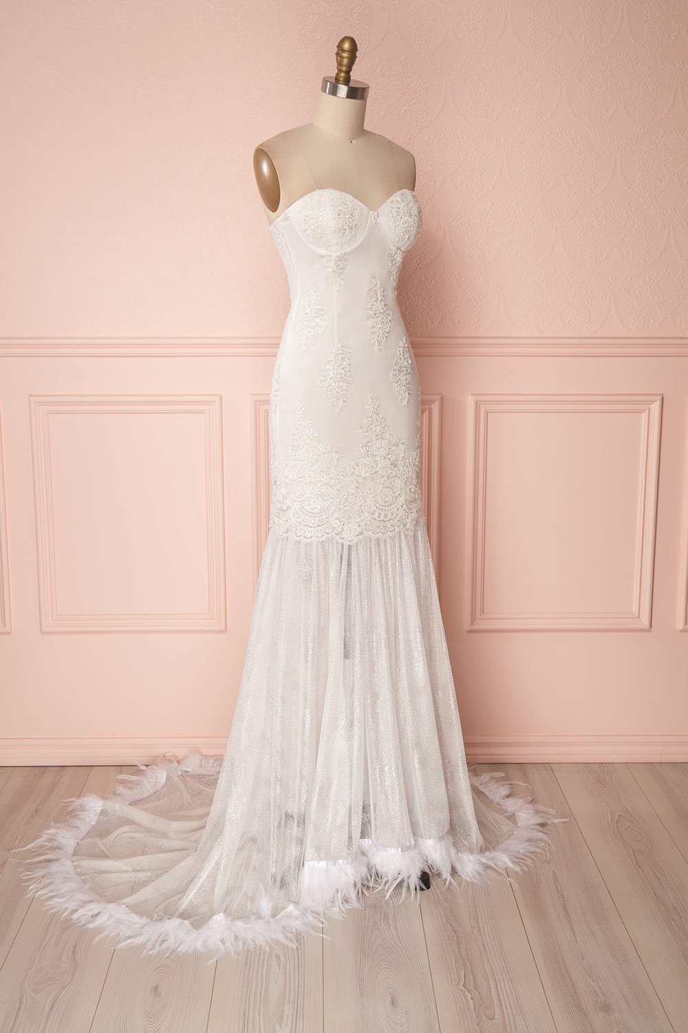 Raimere White Bustier Fitted Dress with Feather Train | Boudoir 1861