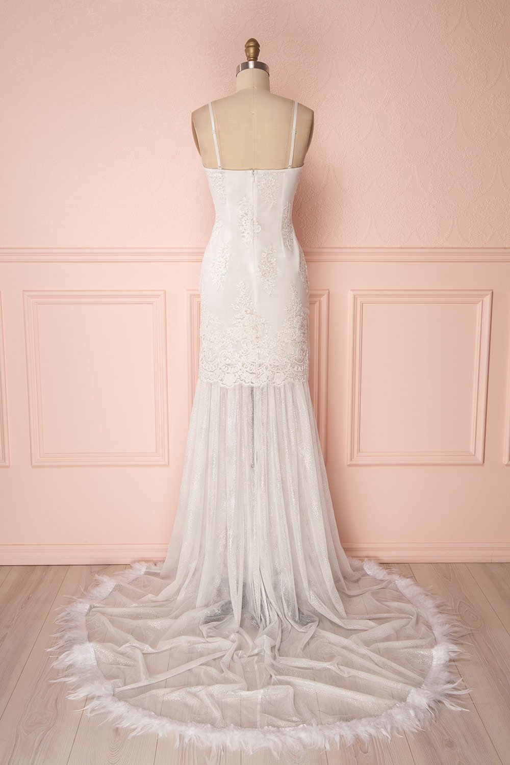 Raimere White Bustier Fitted Dress with Feather Train | Boudoir 1861