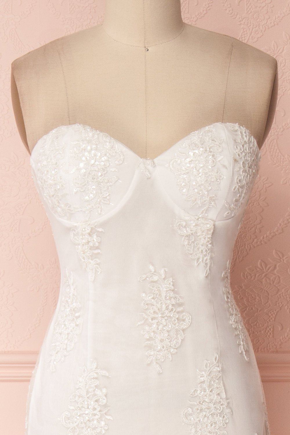 Raimere White Bustier Fitted Dress with Feather Train | Boudoir 1861