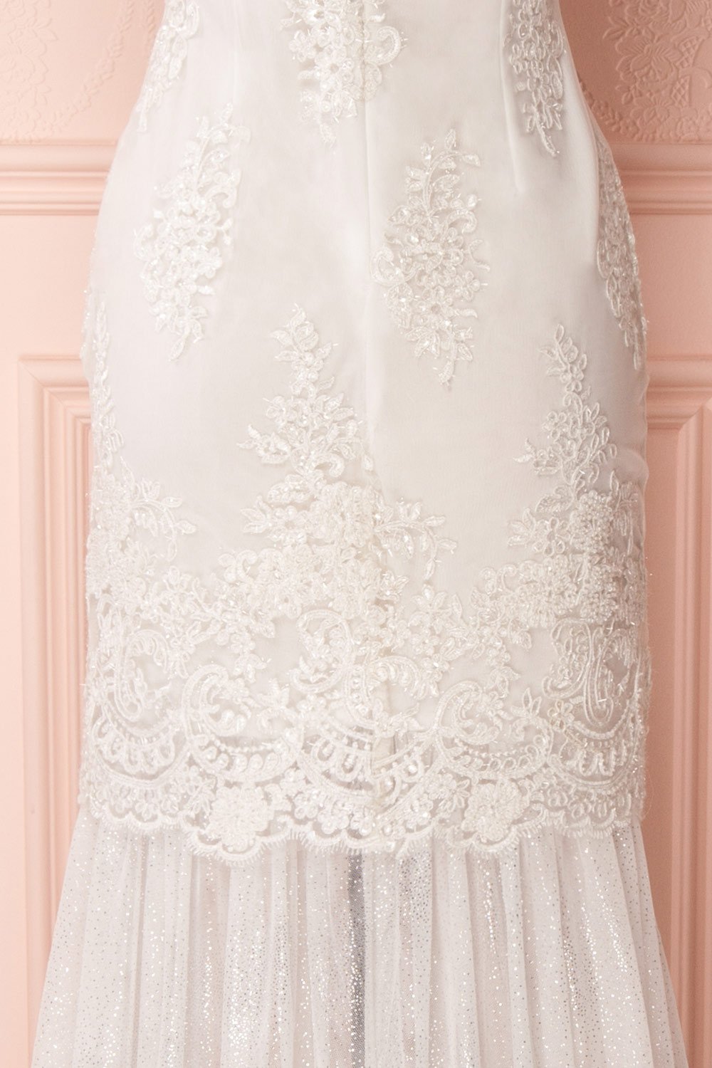 Raimere White Bustier Fitted Dress with Feather Train | Boudoir 1861