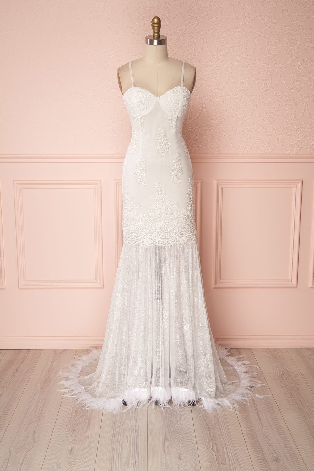 Raimere White Bustier Fitted Dress with Feather Train | Boudoir 1861