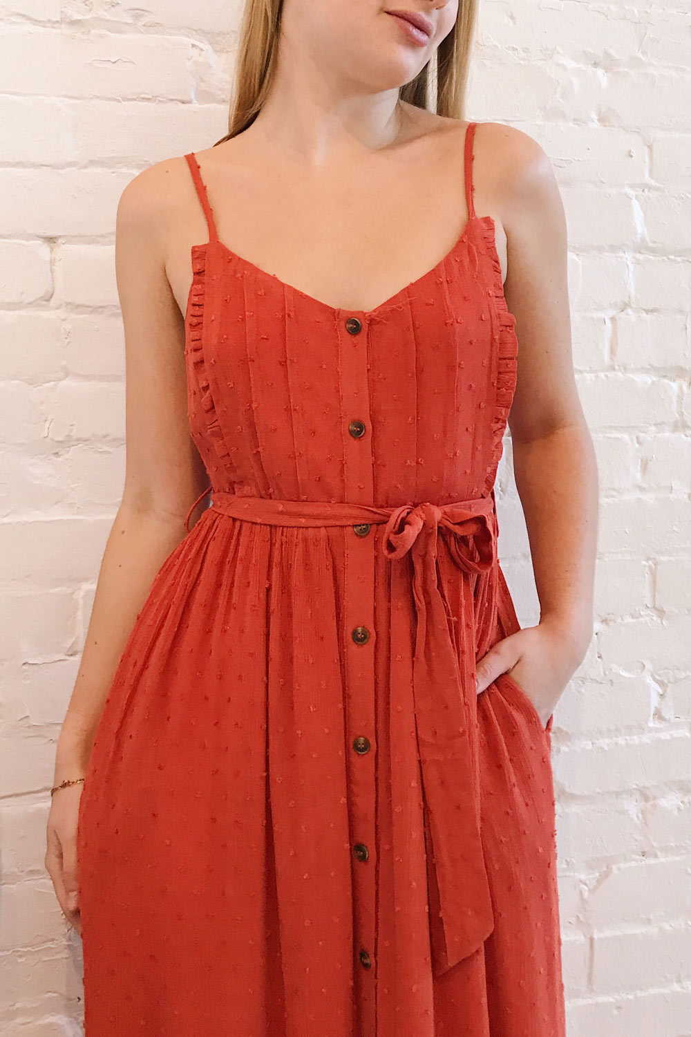 Rajani Rust Orange Crepe Layered Midi Dress | Boutique 1861 on model