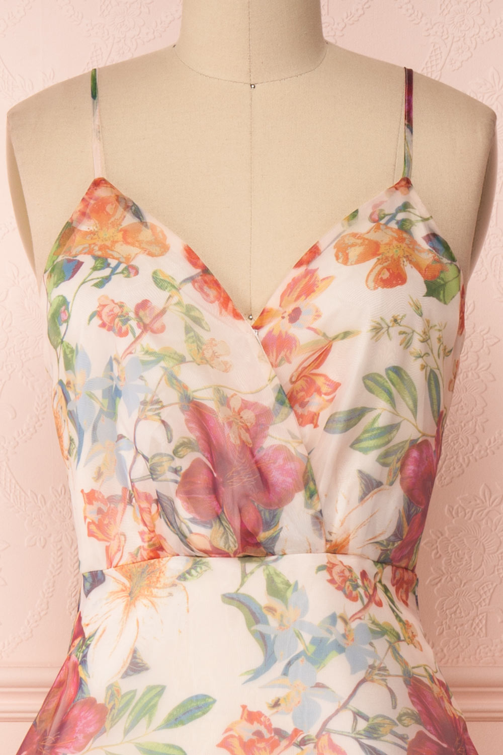 Raphyka Colourful Floral A-Line Maxi Party Dress front close up | Boutique 1861