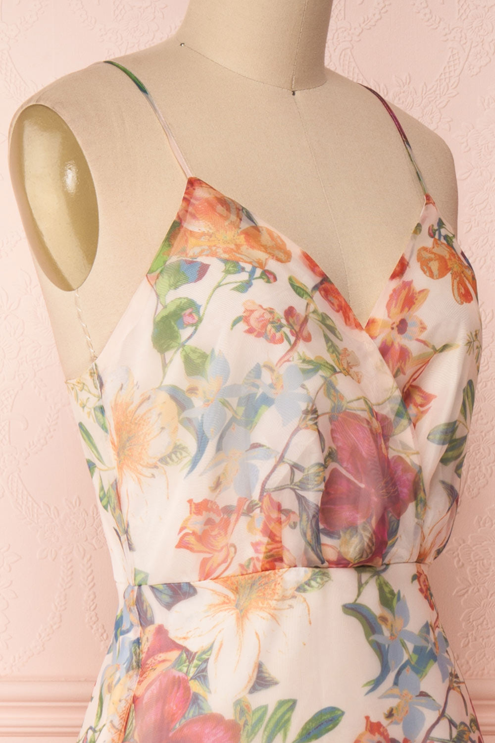 Raphyka Colourful Floral A-Line Maxi Party Dress side close up | Boutique 1861