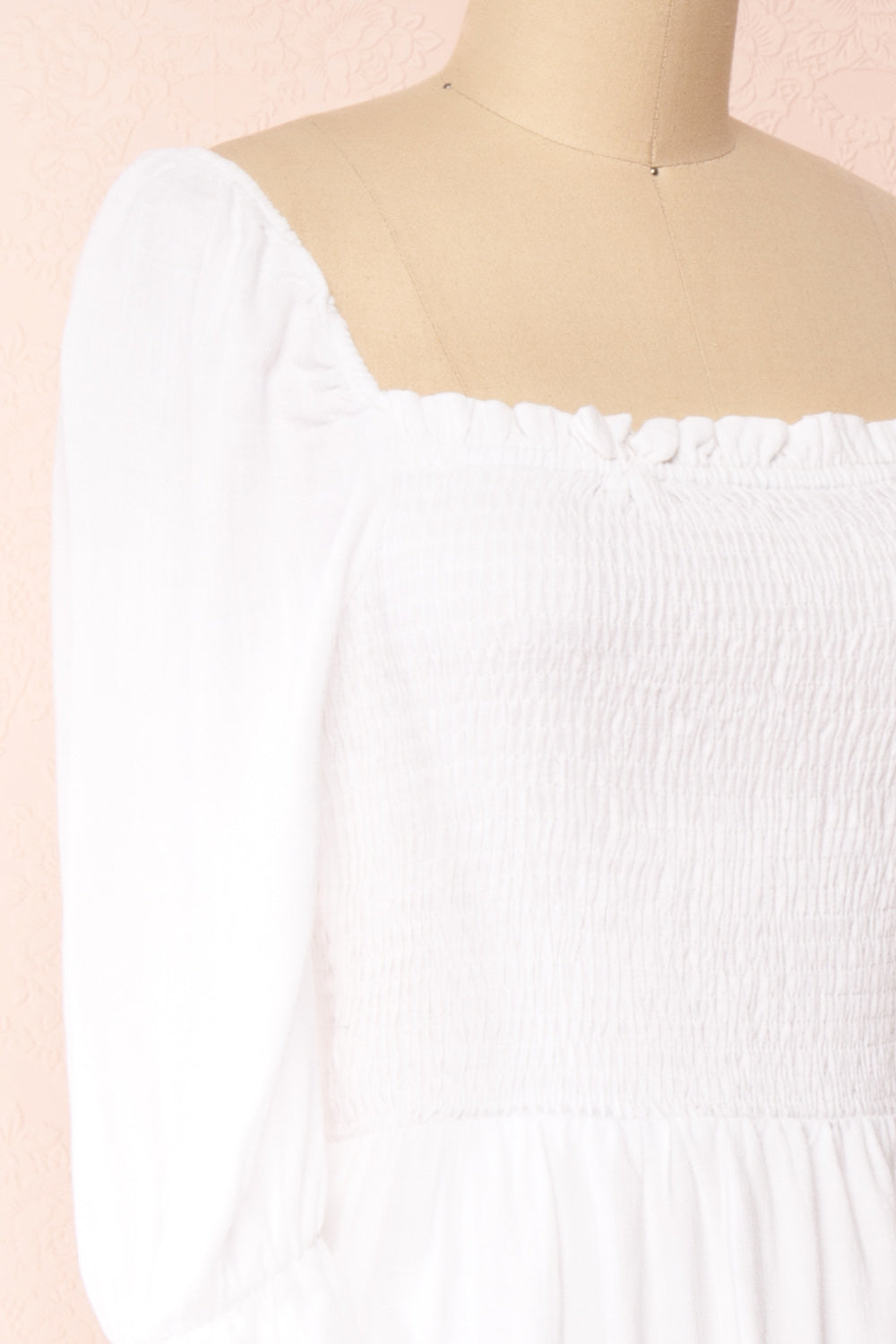 Reatha Ivory Linen Square Neck Midi Dress | Boutique 1861 side close-up