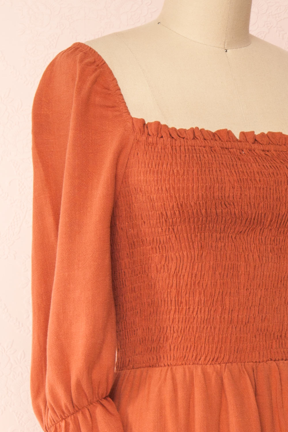 Reatha Rust Orange Linen Half Sleeve Dress | Boutique 1861 side close-up
