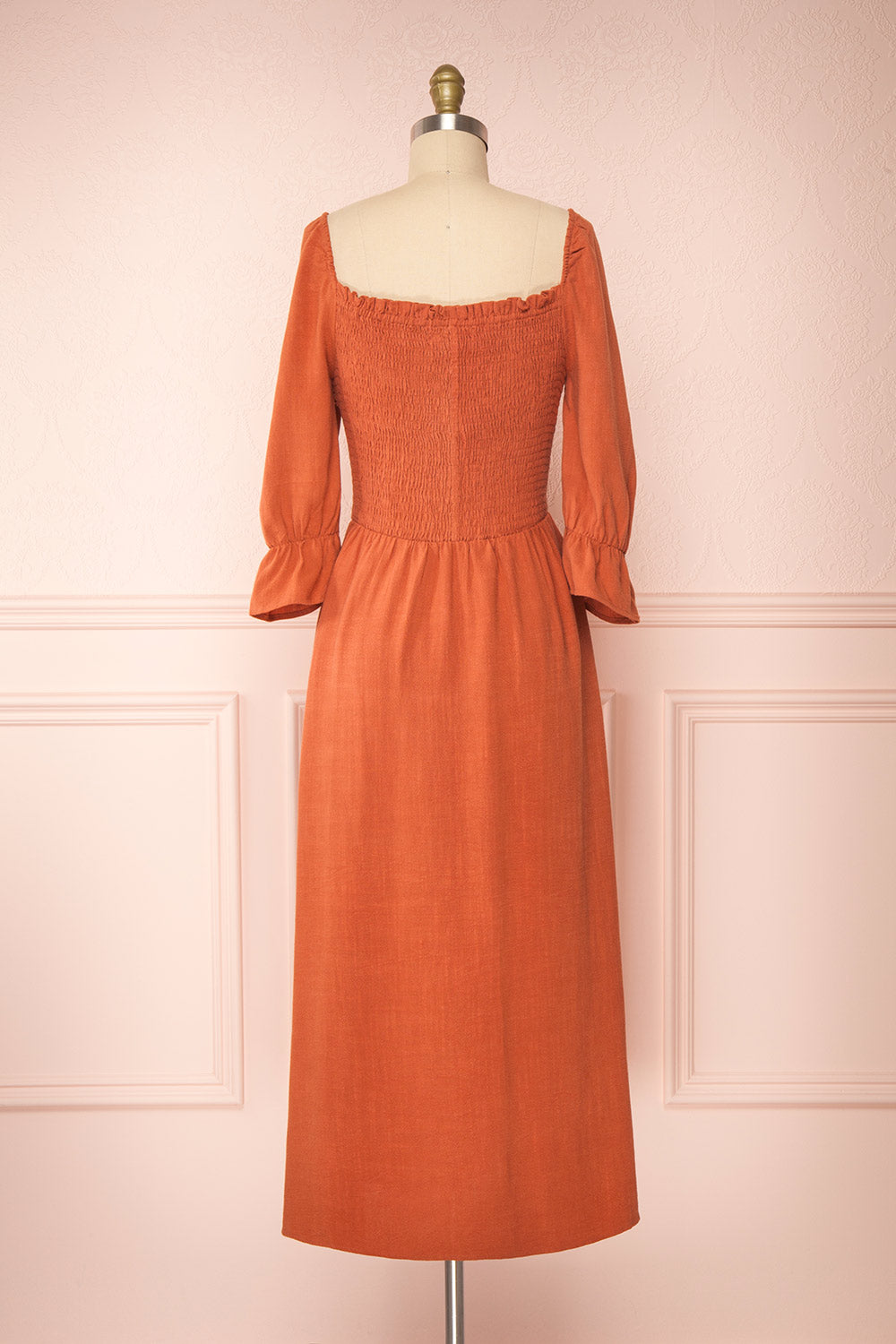 Reatha Rust Orange Linen Half Sleeve Dress | Boutique 1861 back view