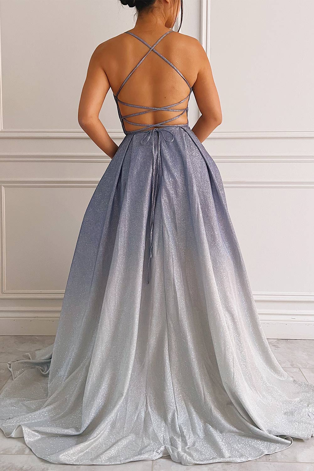 Renesmee Blue Sparkly Gradient Maxi Dress | Boutique 1861 back on model