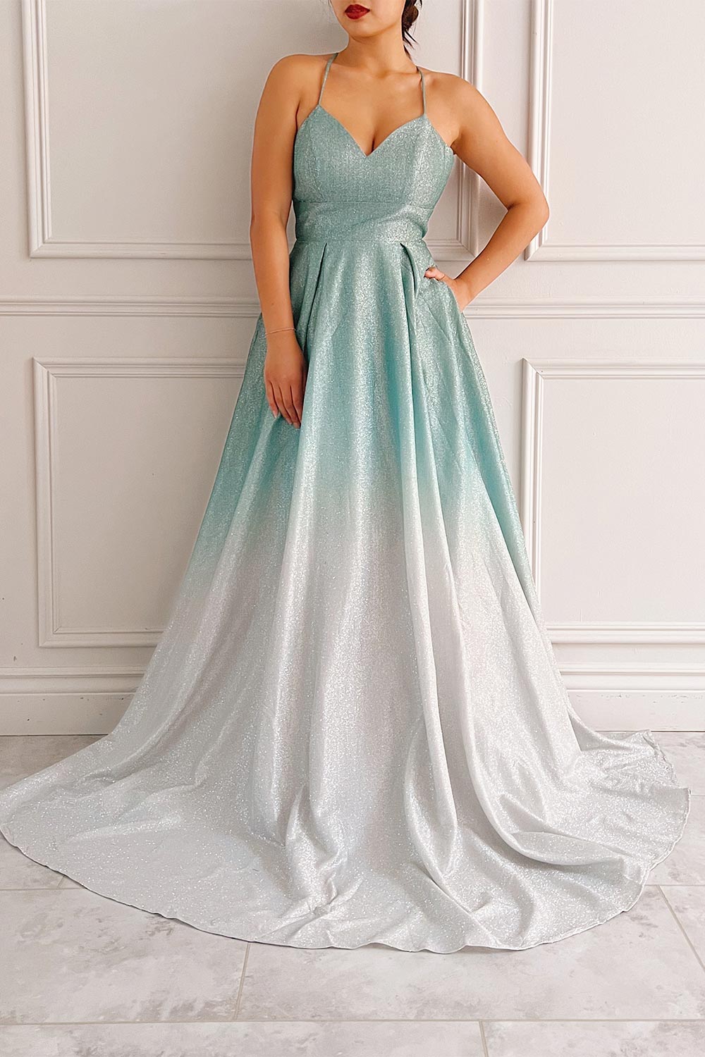 Renesmee Green Sparkly Gradient Maxi Dress | Boutique 1861 on model