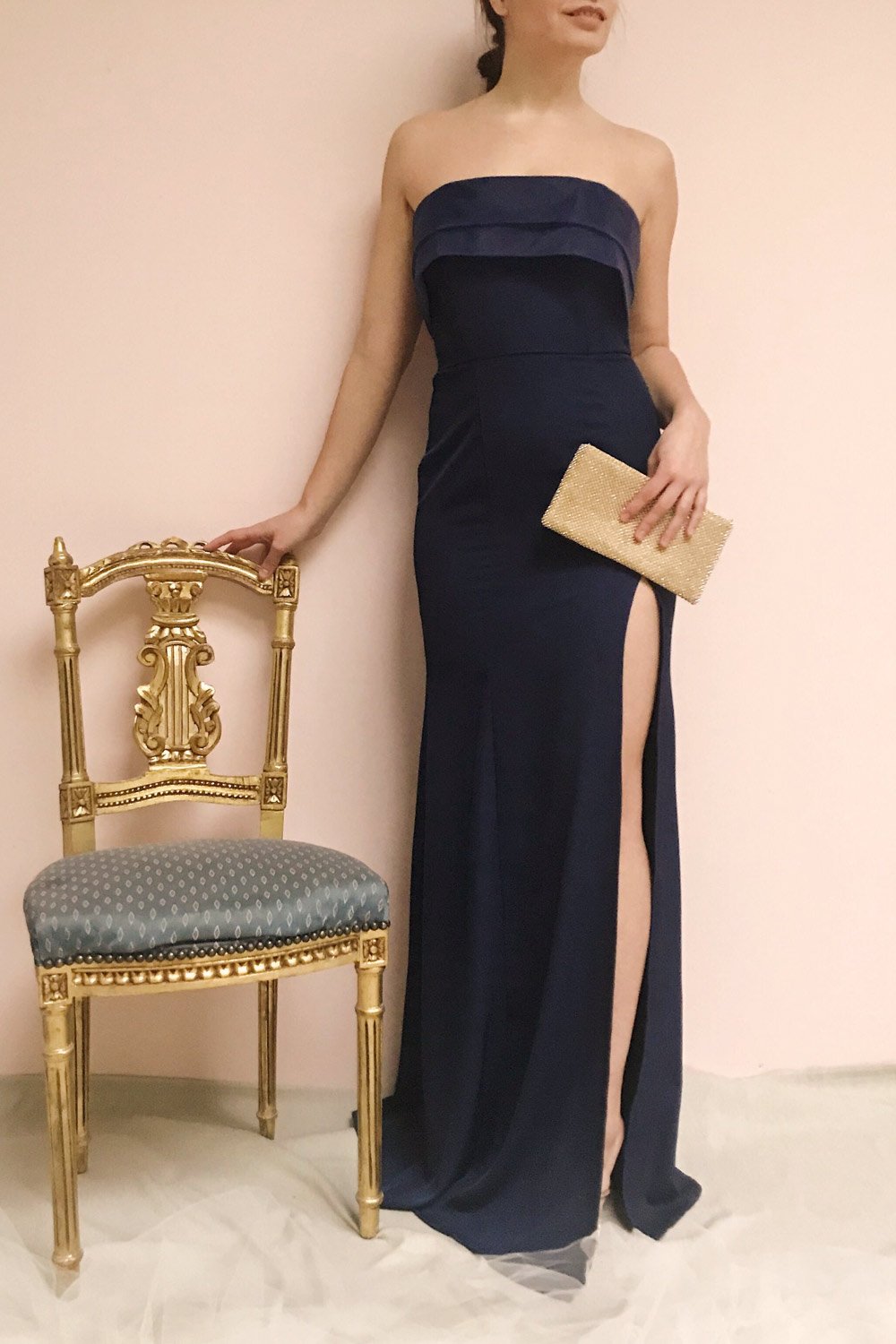 Rezina Navy Blue Strapless Maxi Dress | La petite garçonne on model