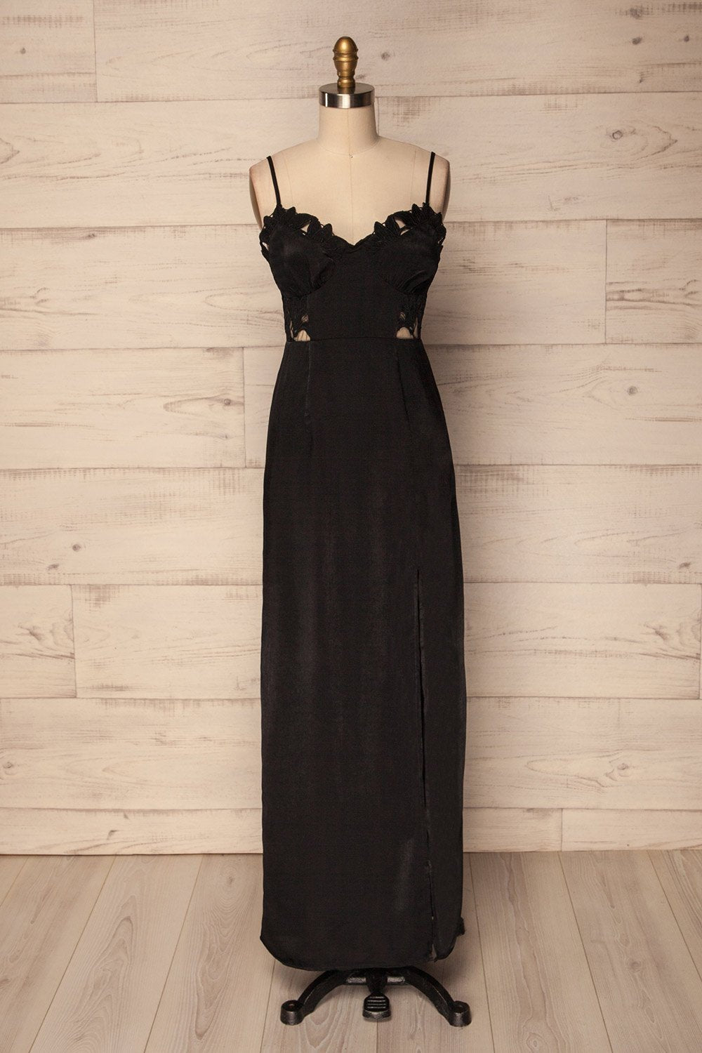 Riachos Black Silky Maxi Slip Dress with Slit | La Petite Garçonne front view