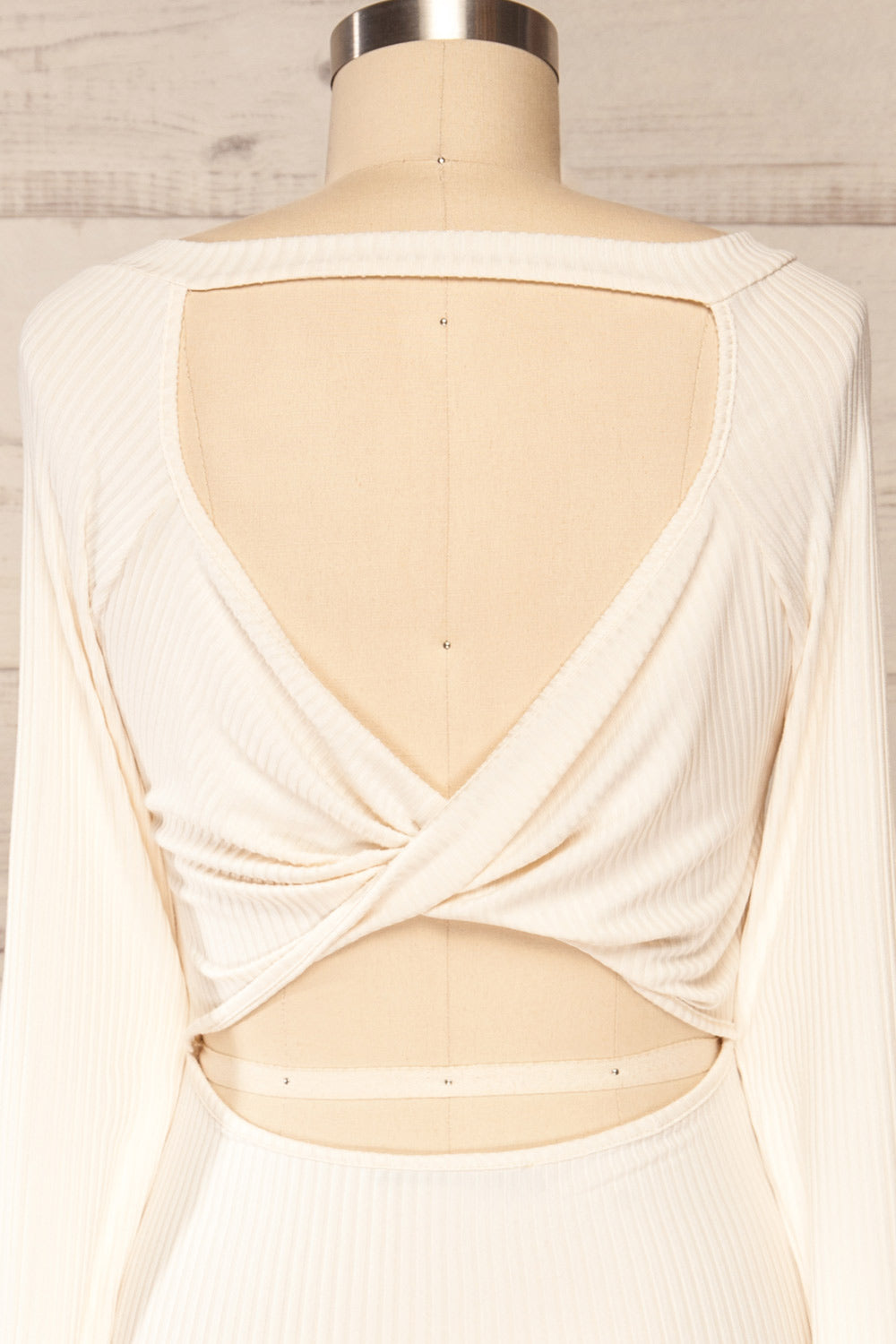 Riazan Beige Ribbed Mock Neck Midi Dress | La petite garçonne back close up