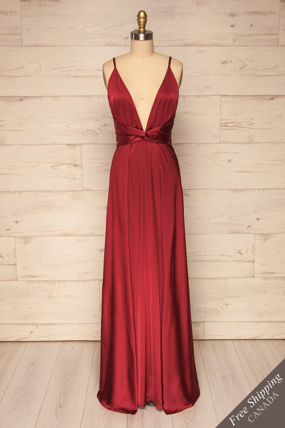 Roksem Bourgogne Burgundy Satin A-Line Gown | La Petite Garçonne front view