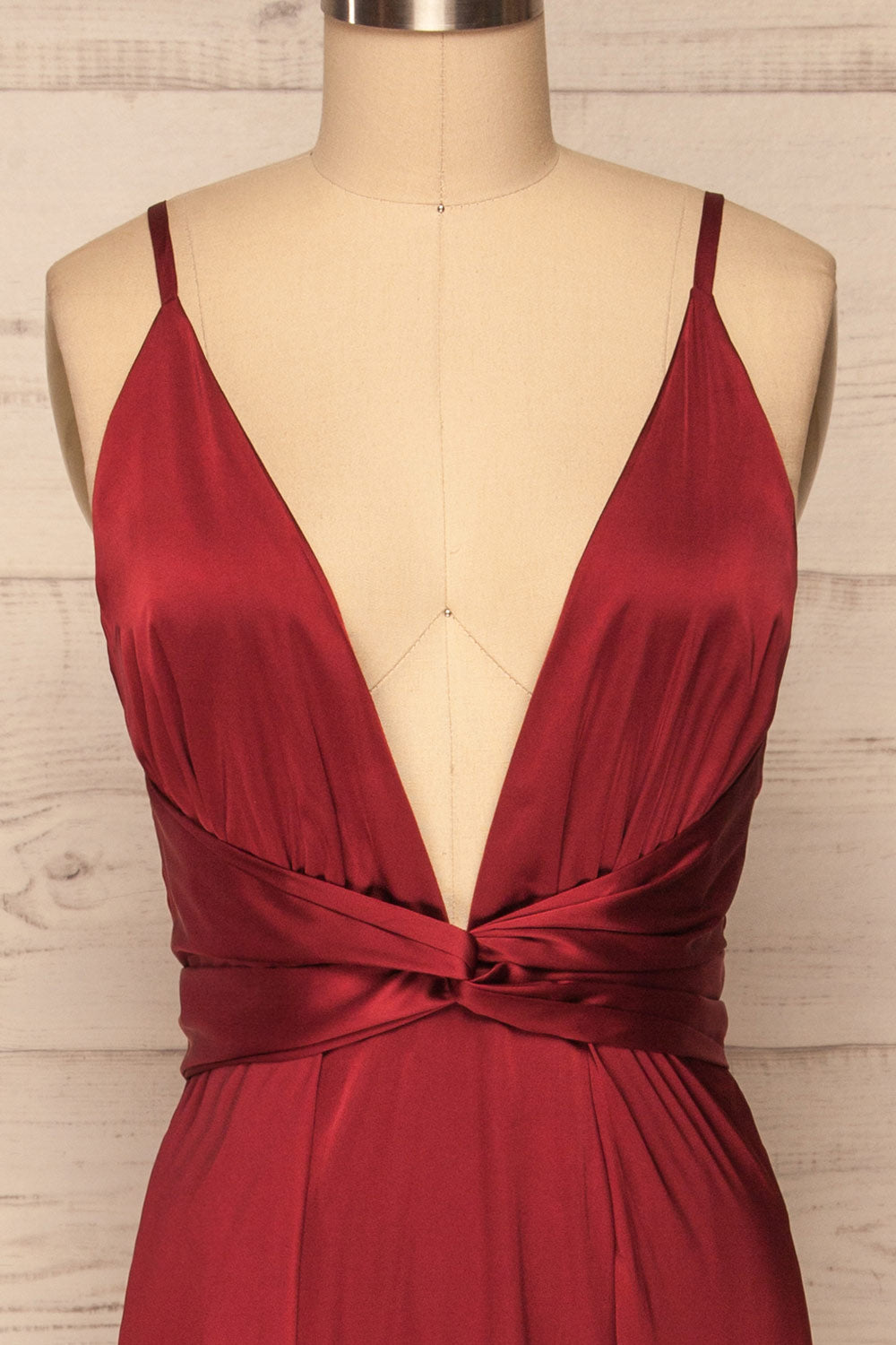 Roksem Bourgogne Burgundy Satin A-Line Gown | La Petite Garçonne front close-up